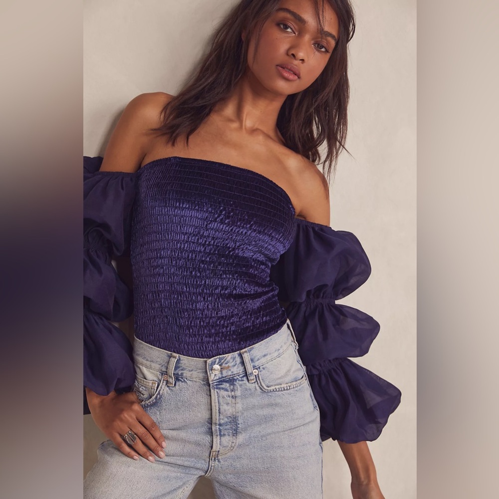 Free people girls just wanna blue puff sleeve bodysuit